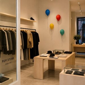 May include: A retail space interior featuring a clothing rack with neutral-toned garments, a light wood display table with folded apparel and caps, and four colorful balloons in blue, red, yellow, and teal attached to the wall. Text reads POP STORE SOHO, NYC.