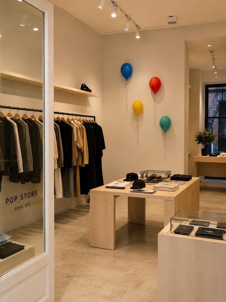 May include: A retail space interior featuring a clothing rack with neutral-toned garments, a light wood display table with folded apparel and caps, and four colorful balloons in blue, red, yellow, and teal attached to the wall. Text reads POP STORE SOHO, NYC.