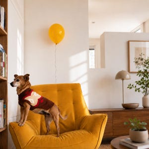 May include: A small brown dog wearing a brown, red, and cream-colored knit sweater with a geometric pattern stands on a mustard yellow upholstered armchair. A single yellow balloon floats above the chair against a plain white wall.