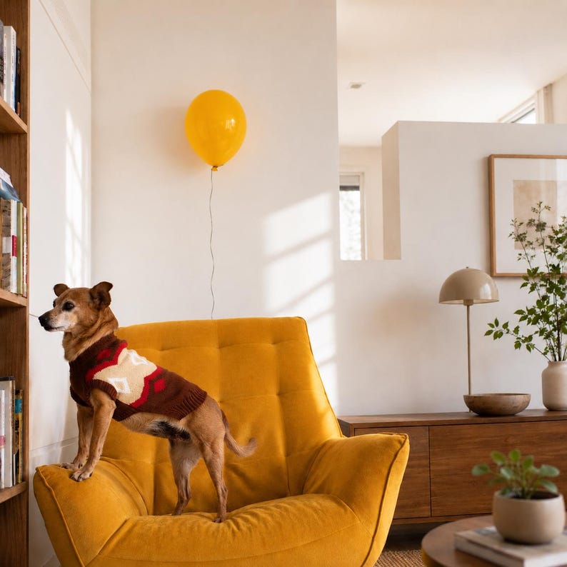 May include: A small brown dog wearing a brown, red, and cream-colored knit sweater with a geometric pattern stands on a mustard yellow upholstered armchair. A single yellow balloon floats above the chair against a plain white wall.