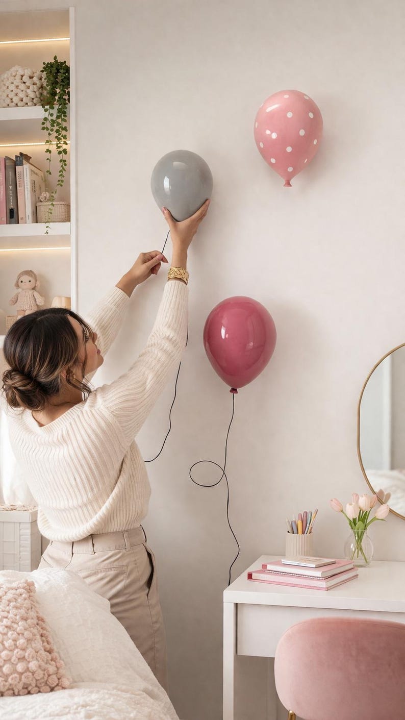 K&ouml;nnte beinhalten: Drei ballonf&ouml;rmige Wanddekorationen. Einer ist grau, ein anderer rosa mit wei&szlig;en Punkten, und der dritte hat eine tiefrosafarbene Farbe. Jeder Ballon hat eine schwarze Schnur. Die Dekorationen sind an einer wei&szlig;en Wand angebracht.