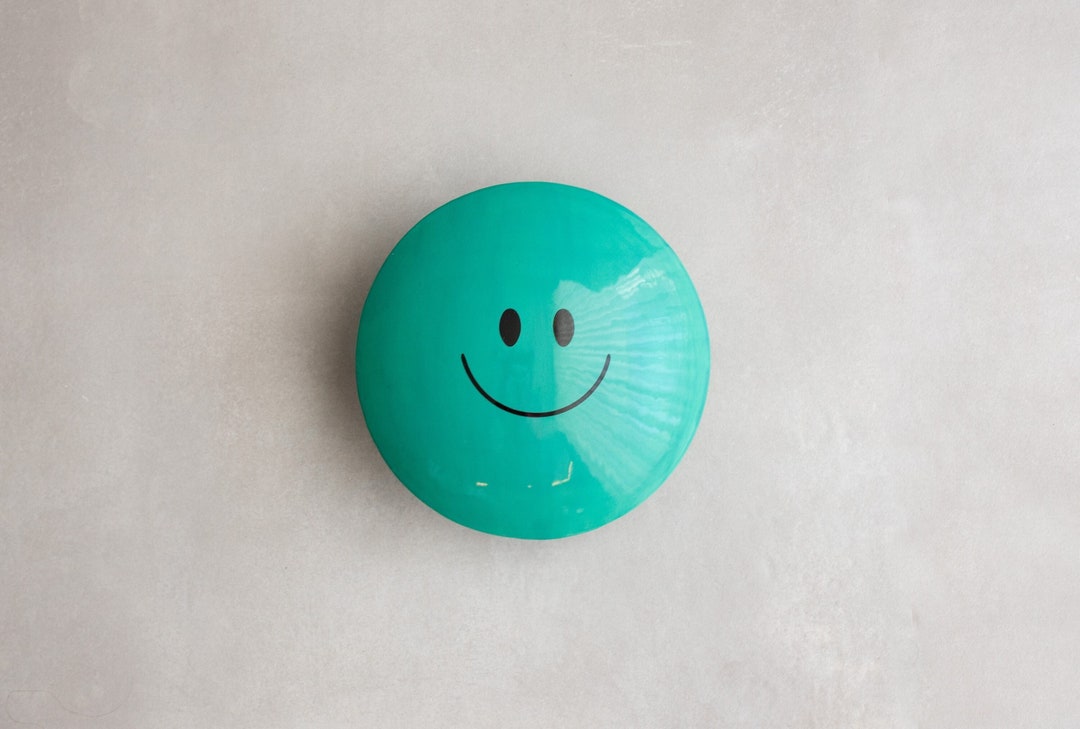 Ceramic Smiley Wall Art, Teal M&M Ceramic Wall Hanging, Dome Wall Art