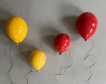 Contemporary Wall Art, Set of 4 Balloon Ceramic Sculptures, Unique Home Decor, Yellow Ceramic Balloon, Red Ceramic Balloon, Balloon Wall Art