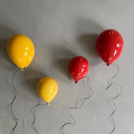Contemporary Wall Art, Set of 4 Balloon Ceramic Sculptures, Unique Home Decor, Yellow Ceramic Balloon, Red Ceramic Balloon, Balloon Wall Art