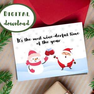 É a época do ano com mais vinho, cartão de Natal, impressão em casa, download digital instantâneo, cartão de Natal engraçado e fofo, Papai Noel 2022