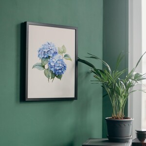 Impression d'art mural hortensia bleu, aquarelle réaliste, art floral, décoration de salon élégante, impression d'art imprimable pour la maison, décoration florale bleu et crème