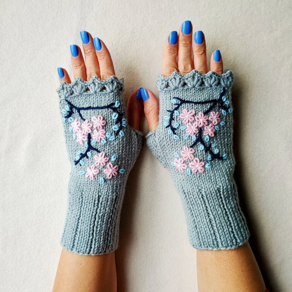 Knit Embroidered Fingerless Gloves-Floral Embroidered Fingerless Mittens- Forget me Not Embroidered Fingerless Gloves- Winter Gift- Handmade