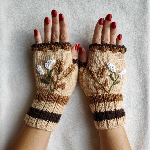 Stricken Sie bestickte fingerlose Handschuhe-Floral bestickte fingerlose Handschuhe-Vintage inspirierte stricken bestickte fingerlose Handschuhe-Geschenke für sie