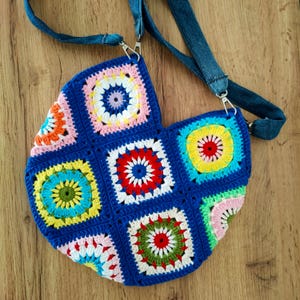 Hand-Knitted Granny Square Tote Bag: Colorful Boho Cotton Shoulder Bag