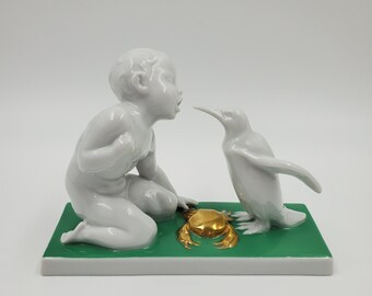 Rosenthal Seltener Grüner Ferd Lieberman Putto Mit Pinguin Und Krabbe Figur