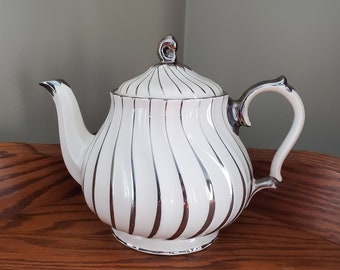 Vintage Sadler Swirl Design White And Silver Teapot