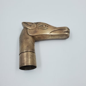 May include: A brass cane handle featuring a detailed animal head design. The handle is a dark gold colour and has a textured surface.