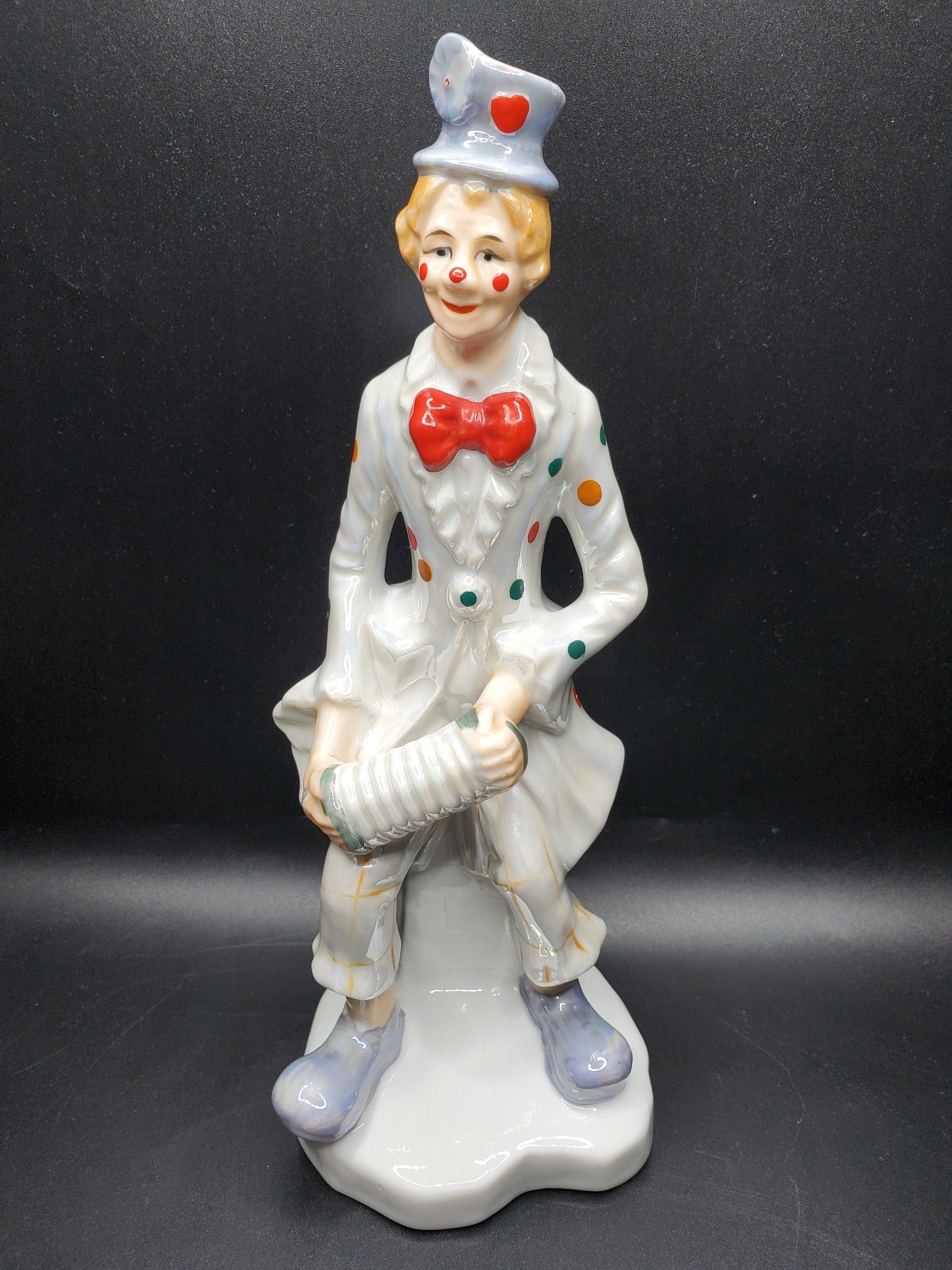 Vintage Porcelain Smiling Clown Playing the Squeeze Box Concertina