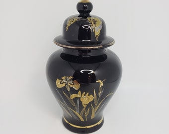 Vintage Ceramic "Golden Iris" Black With Gold Flowers Ginger Jar Vase