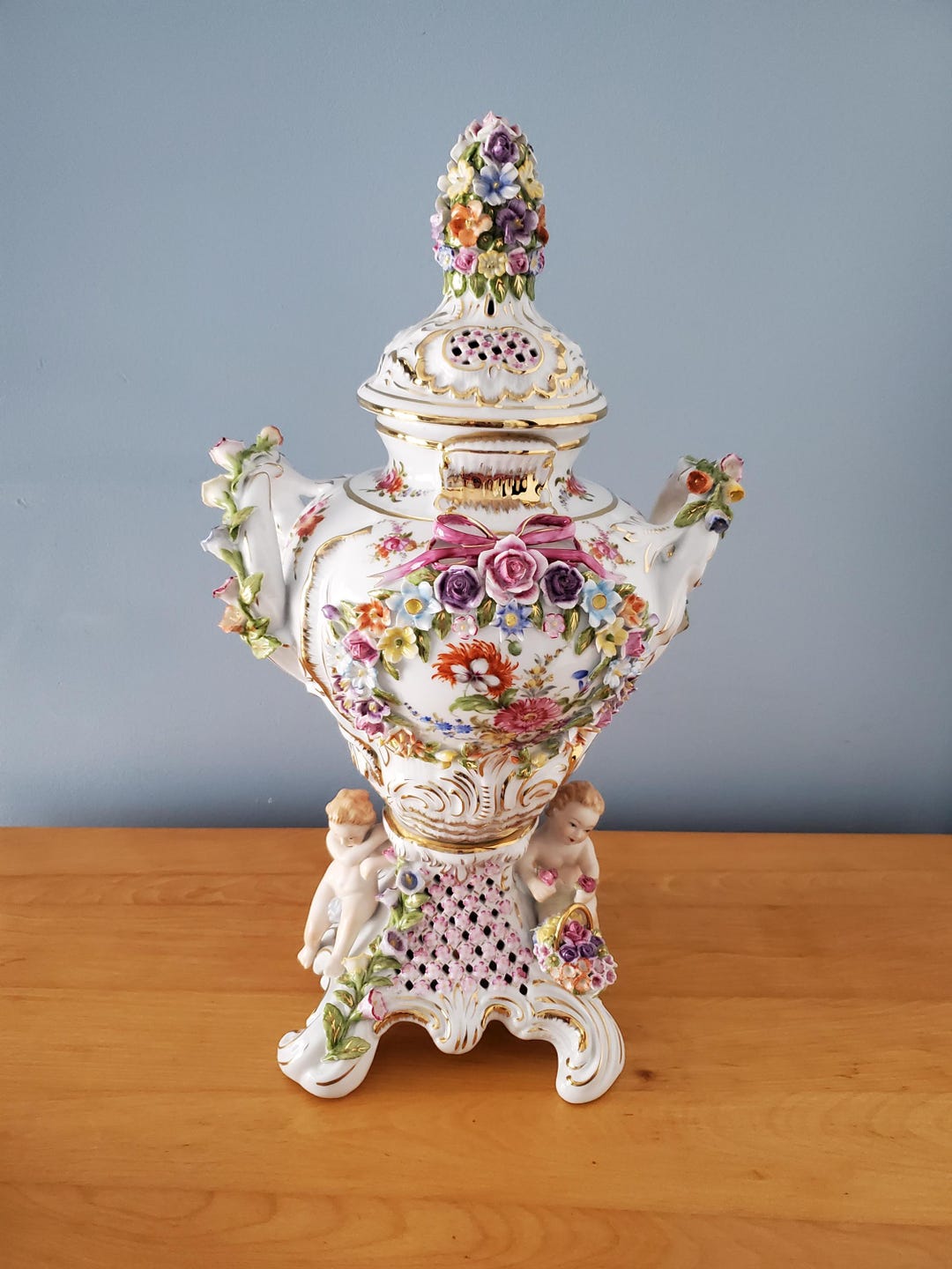 Dresden Ornate Fine China Urn Potpourri Vase With Flowers and