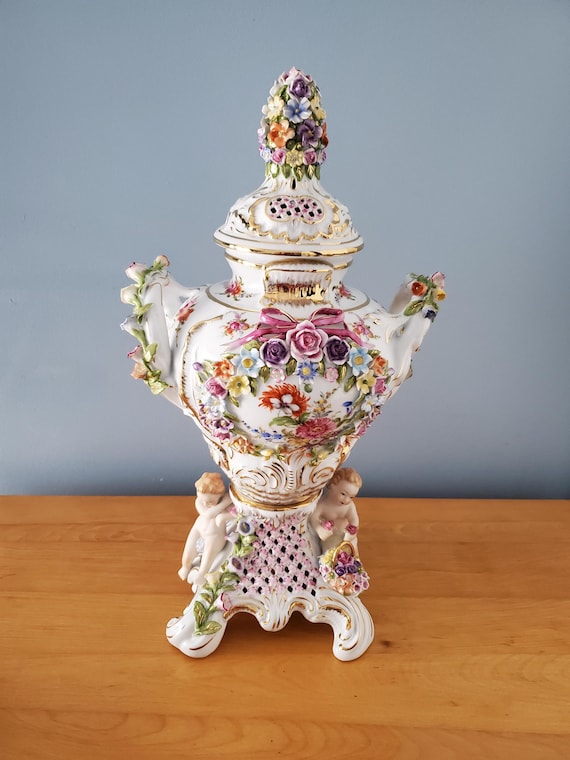 Dresden Ornate Fine China Urn Potpourri Vase With Flowers and