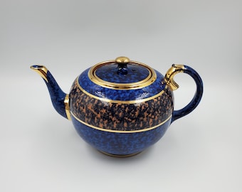 Vintage Brown Betty Mottled Cobalt Blue Teapot With Gold Trim