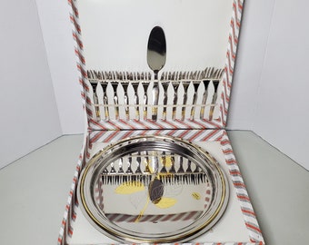 Vintage Freddy Benito Stainless Serving Tray Set: 24K Gold Accents, Made in Italy