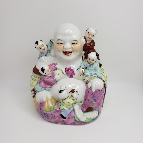 Laughing Buddha Hotei With 5 Children Glazed Porcelain Statue Figurine