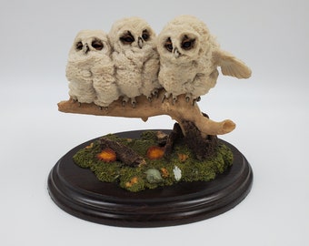 Vintage Country Artists Hand Crafted Baby Owlets Sitting On A Branch Figurine