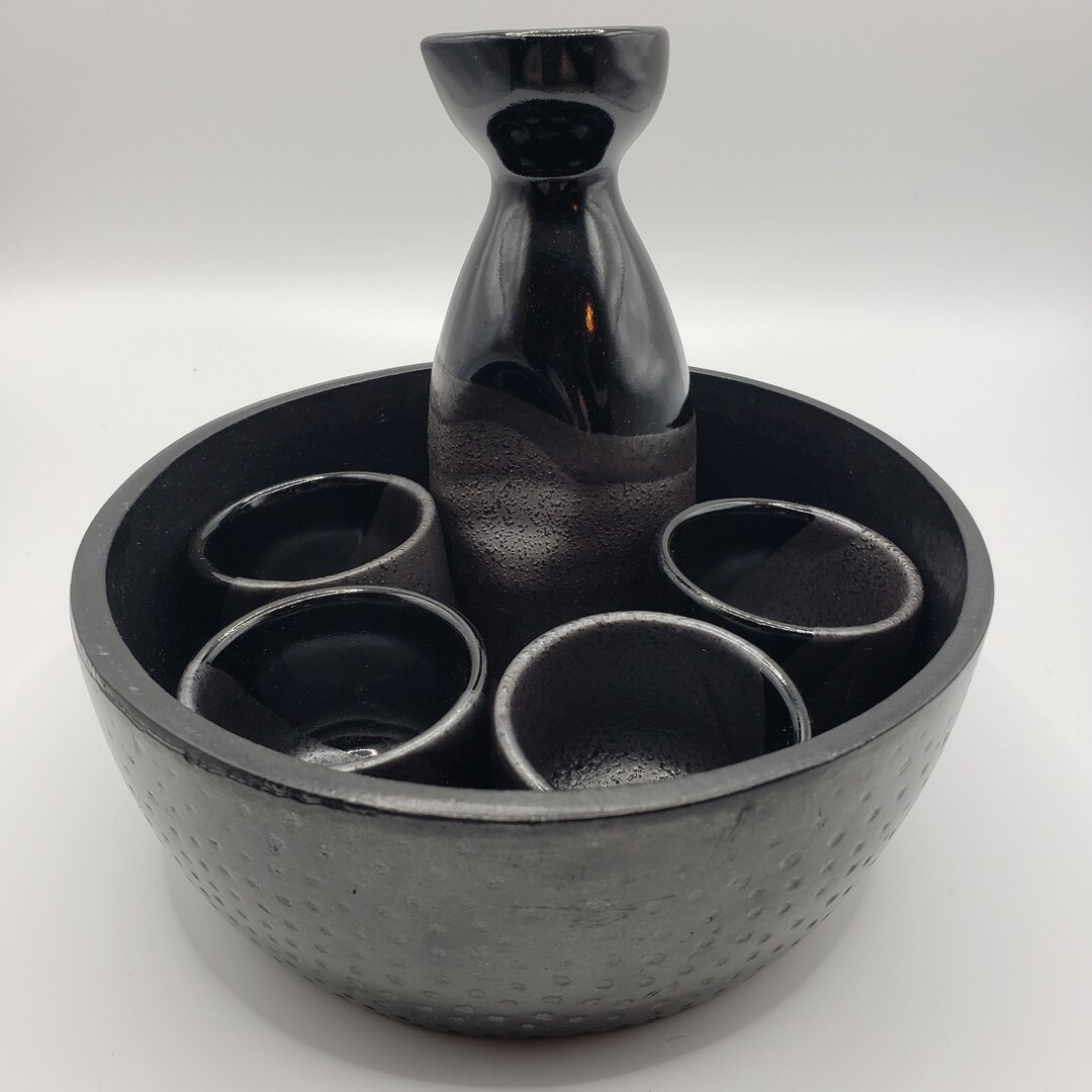 Japanese 6 Piece Sake Set Black and Silver Glazed Etsy