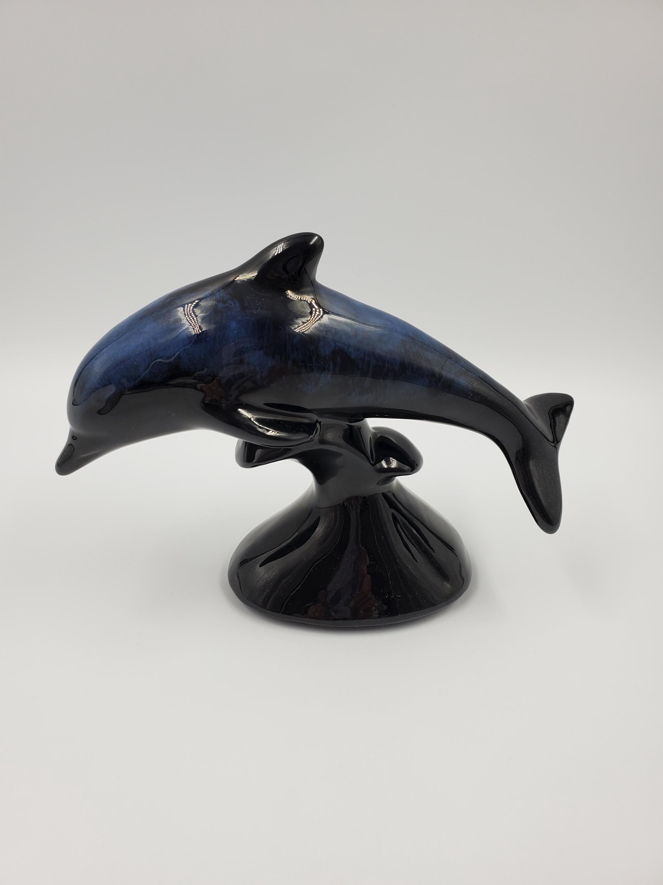 Vintage Blue Mountain Pottery Cobalt Blue Small Dolphin Riding the