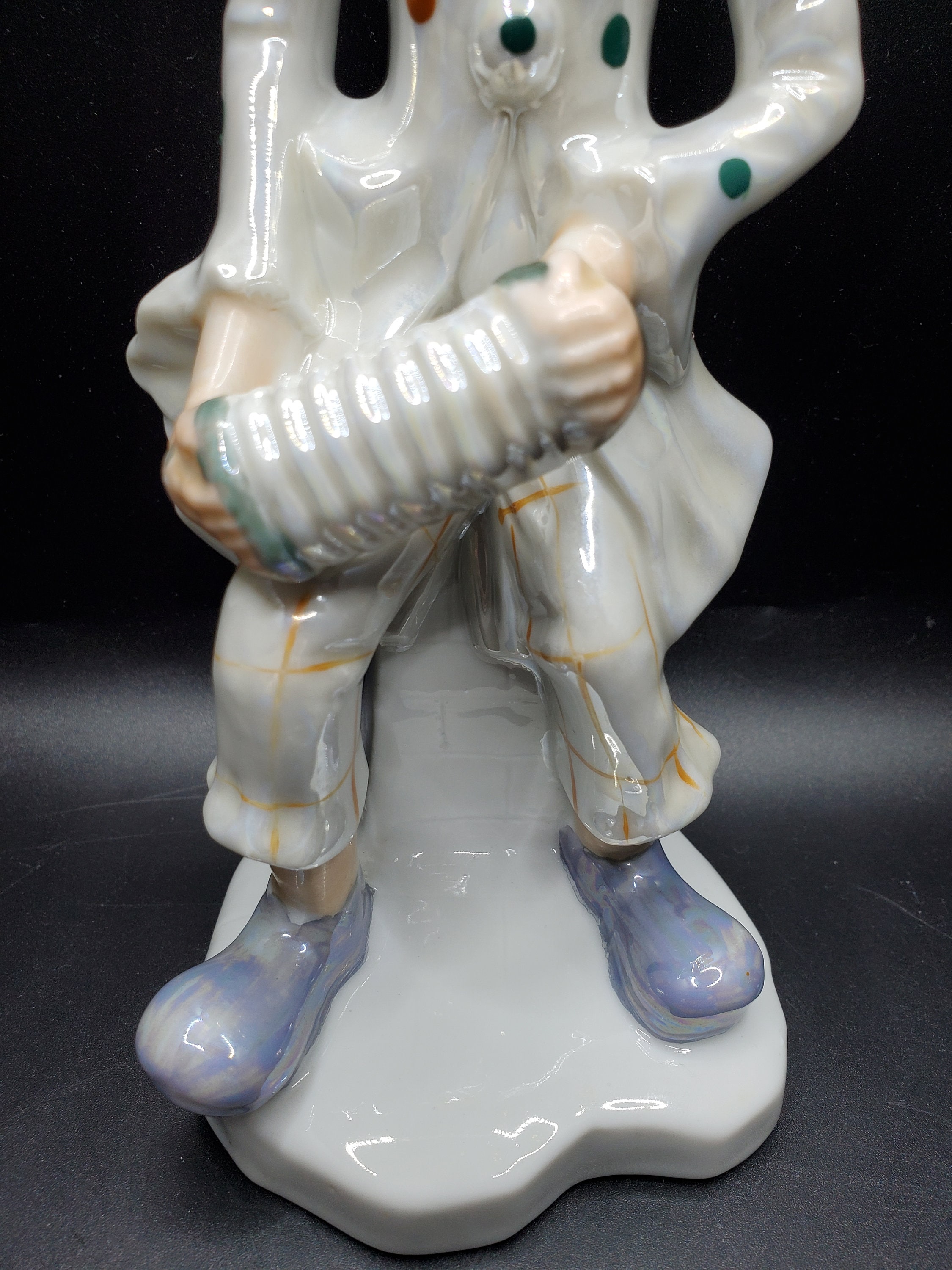 Vintage Porcelain Smiling Clown Playing the Squeeze Box Concertina
