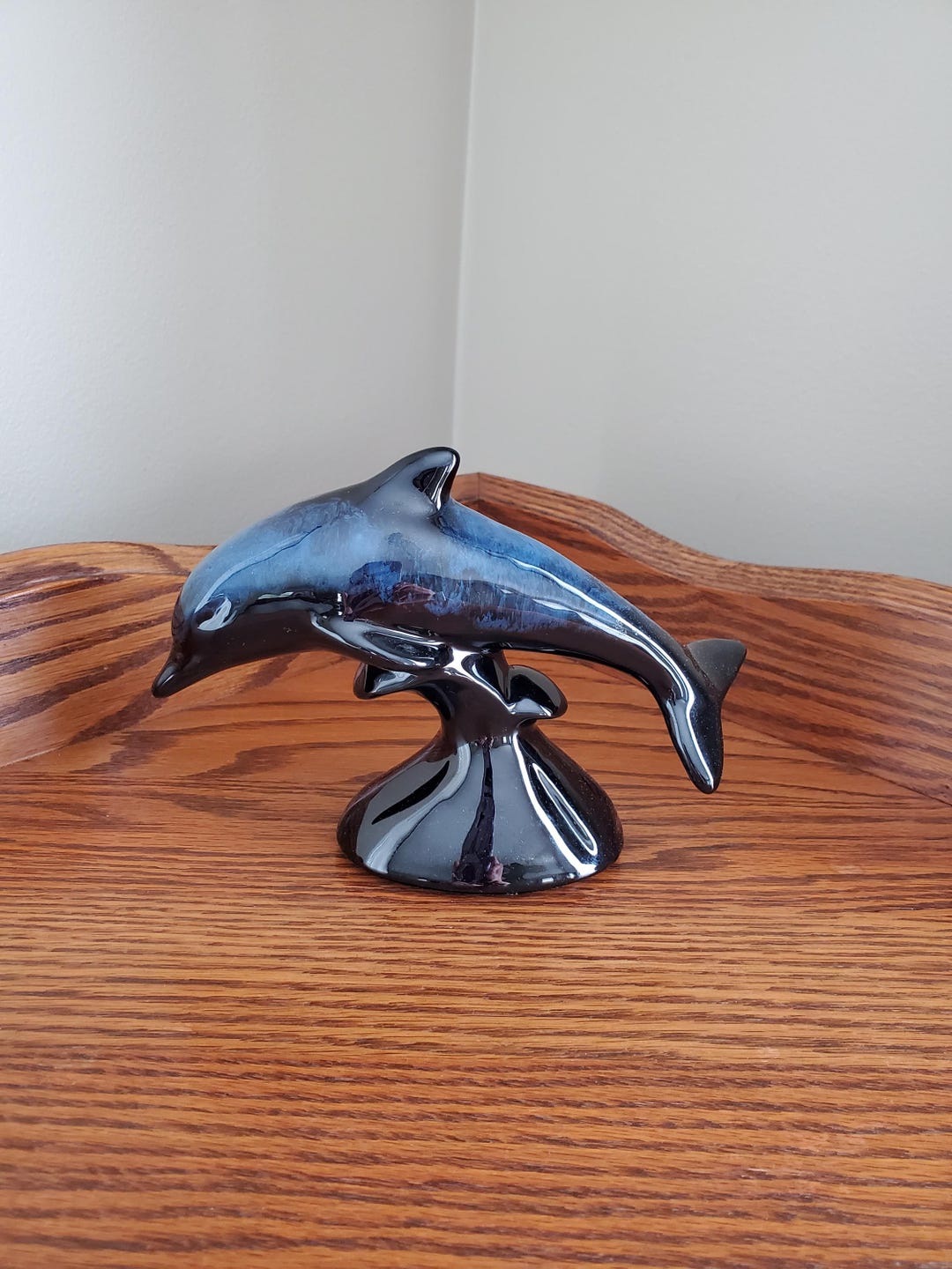 Vintage Blue Mountain Pottery Cobalt Blue Small Dolphin Riding the