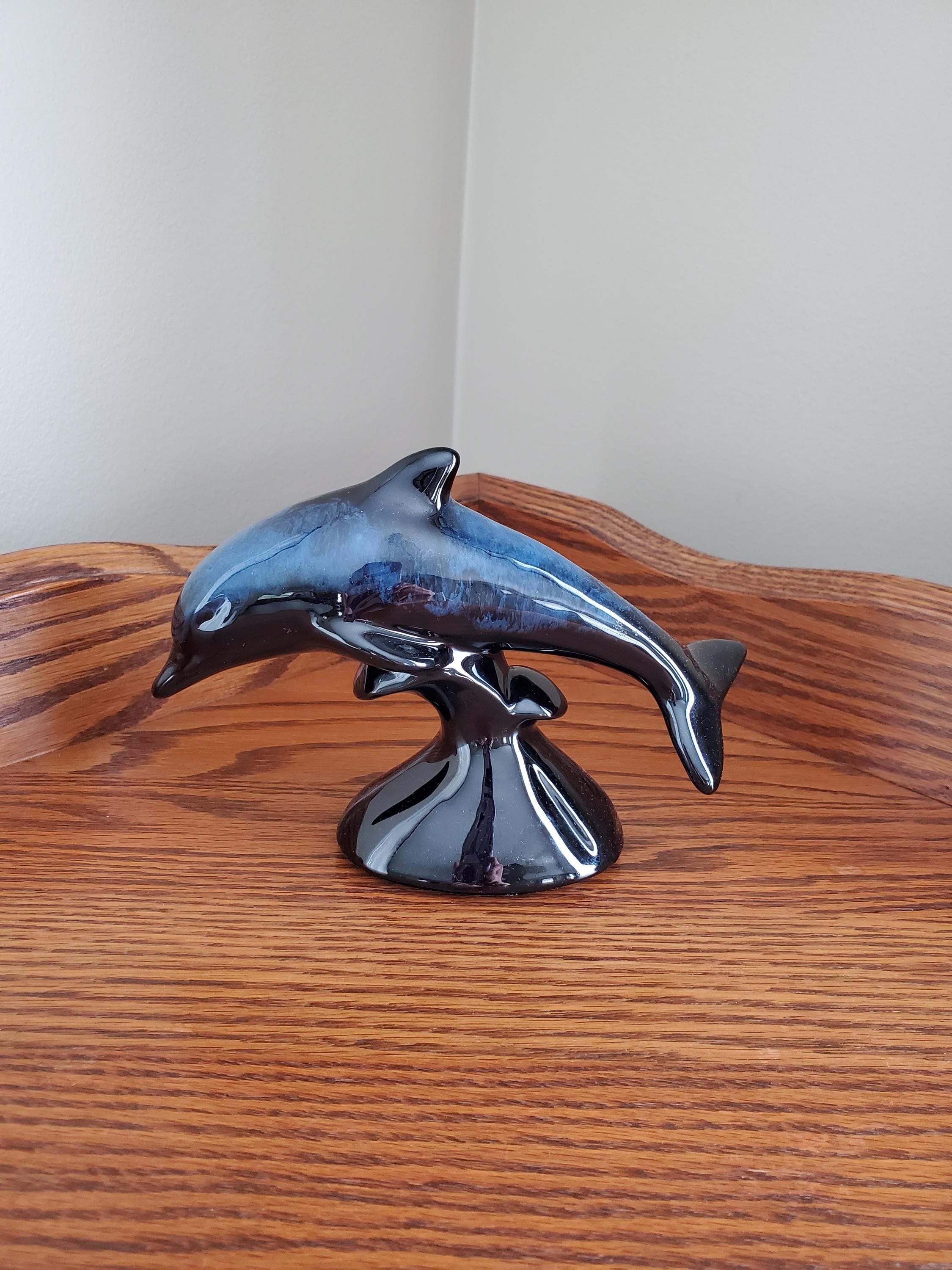 Vintage Blue Mountain Pottery Cobalt Blue Small Dolphin Riding the