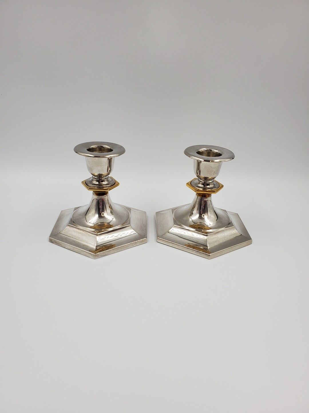Octagonal Holder Vintage Silver and Gold Plated Pair of Candlestick Holders Octagon ...
