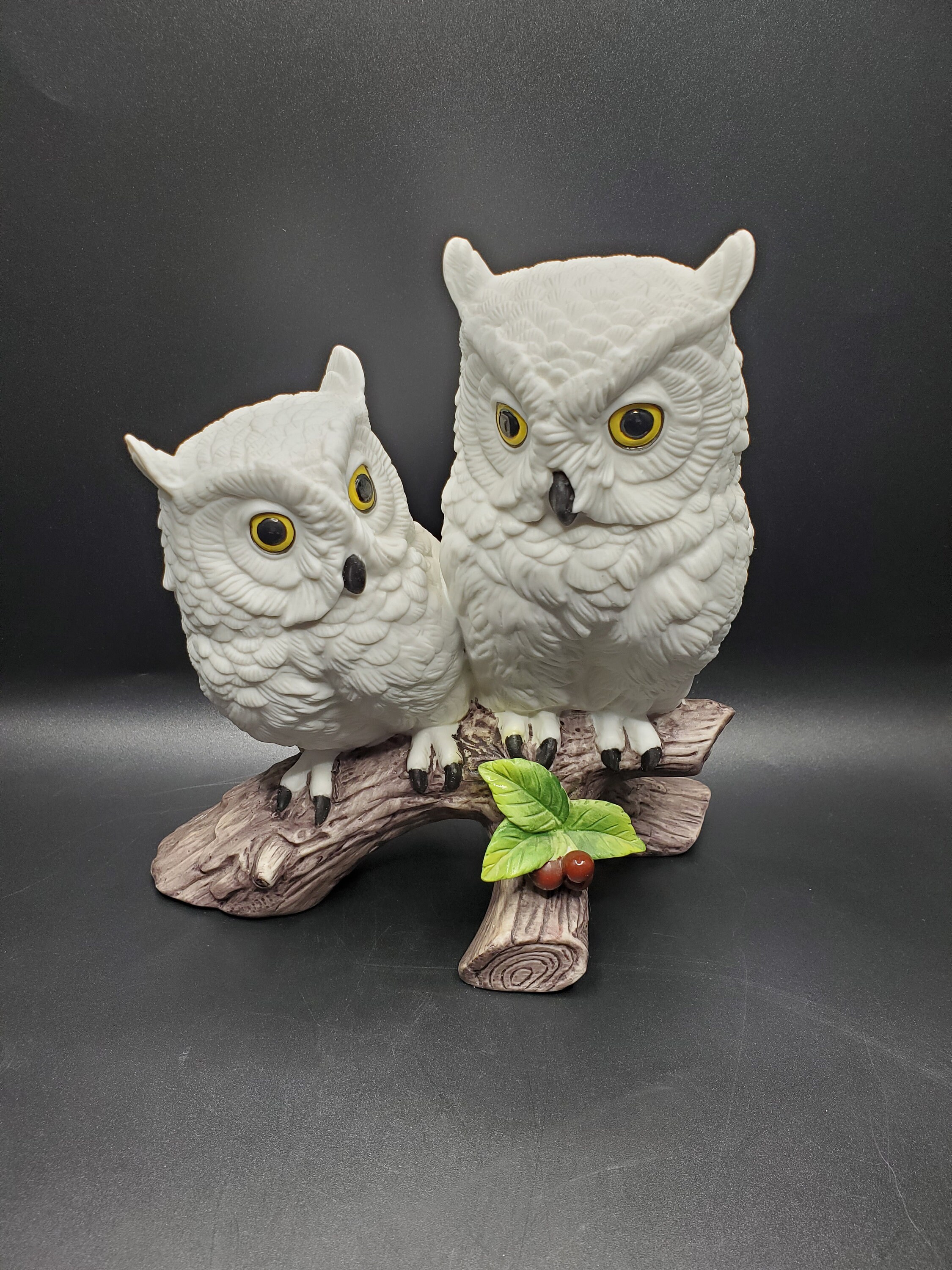 Vintage Andrea By Sadek Ceramic Snowy Owls On A Branch Figurine