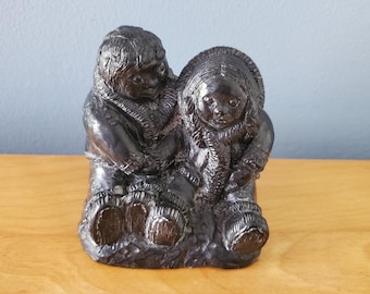 A Wolf Original Sculptures Canada Eskimo Couple Boy and Girl