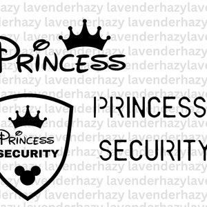 May include: Black and white graphic designs featuring the word "PRINCESS" in various fonts, with a crown and Mickey Mouse ears. Includes "PRINCESS SECURITY" on a shield.