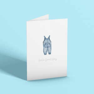 Babyjongen, spijkerbroek, overalls, babydouche, babyjongenkaart, babydouchekaart, wenskaart, baby, jongen, hallo lieve jongen