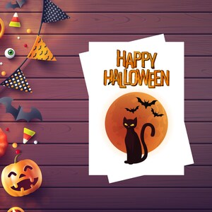 Chat noir, Chat noir d'Halloween, Carte d'Halloween, Carte de voeux, Lune rouge, Carte de voeux d'automne, Halloween, Happy Halloween