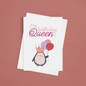 Birthday Queen, Penguin Birthday, Penguin Balloons, Birthday, Happy Birthday, Greeting Card, Balloons, Penguin, Queen