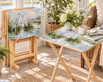 Personalized TV Tray Table, Wooden Folding Side Table, Custom Printed Snack Table, Living Room Tray Table with Storage Rack
