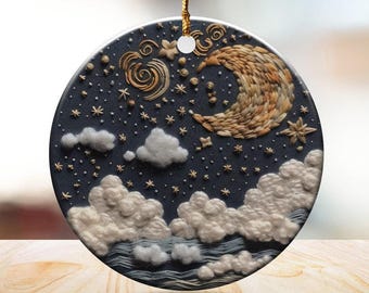 Personalized Starry Night Moon Ornament, Printed Embroidery Style Moon and Stars Decoration, Celestial Home Decor, Handmade Gift, Customized