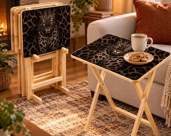 Leopard TV Tray Table Set of 4, Folding Wooden Snack Tables with Storage Rack, Black Leopard Side Table, Safari Animal Print Decor