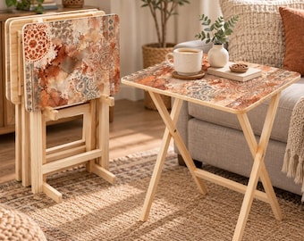 Boho TV Tray Table Set of 4, Folding Wooden Snack Tables with Storage Rack, Terracotta Mandala Side Table, Rustic Bohemian Decor
