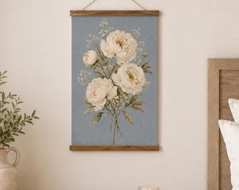 Blue Peony Linen Wall Hanging, Botanical Floral Tapestry, Cottagecore Farmhouse Decor, Neutral Flower Banner, Vertical Fabric Wall Art