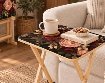 Floral TV Tray Table Set of 4, Folding Wooden TV Trays with Storage Rack, Burgundy Rose Side Tables, Cottage Living Room Decor
