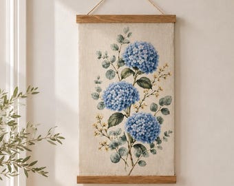 Blue Hydrangea Linen Wall Hanging, Botanical Floral Tapestry, Farmhouse Wall Decor, Cottagecore Fabric Banner, Coastal Garden Wall Art