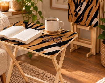 Tiger Print TV Tray Table Set of 4, Folding Wooden Snack Tables with Storage Rack, Animal Print Side Table, Safari Home Decor