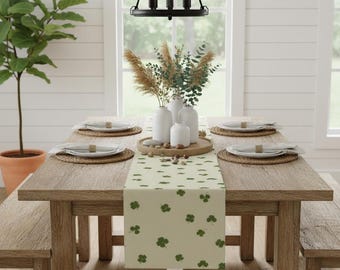 Shamrock Table Runner, St. Patrick’s Day Clover Decor, Green Holiday Table Runner, Farmhouse Irish Spring Dining Table Decor