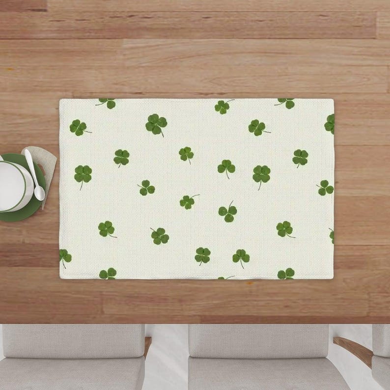 Spring Kitchen Linens Reversible Shamrock Placemats Set, Green Buffalo Check Table Mats, St ...