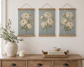 Blue Peony Linen Wall Hanging, Botanical Floral Tapestry, Cottagecore Farmhouse Decor, Neutral Flower Banner, Vertical Fabric Wall Art