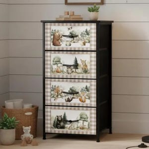 Woodland Animal Dresser – 4 Drawer Fabric Storage Tower with Forest Friends Print – Cute Neutral Nursery or Kids Room Organizer