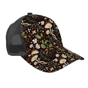 Mushroom and Floral Trucker Hat Custom Nature Hat Black Background Hat with Mushrooms Personalized Festival Hat Boho Forest Hat for Women image 4