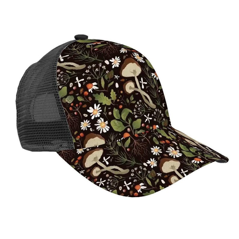 Mushroom and Floral Trucker Hat Custom Nature Hat Black Background Hat with Mushrooms Personalized Festival Hat Boho Forest Hat for Women image 4